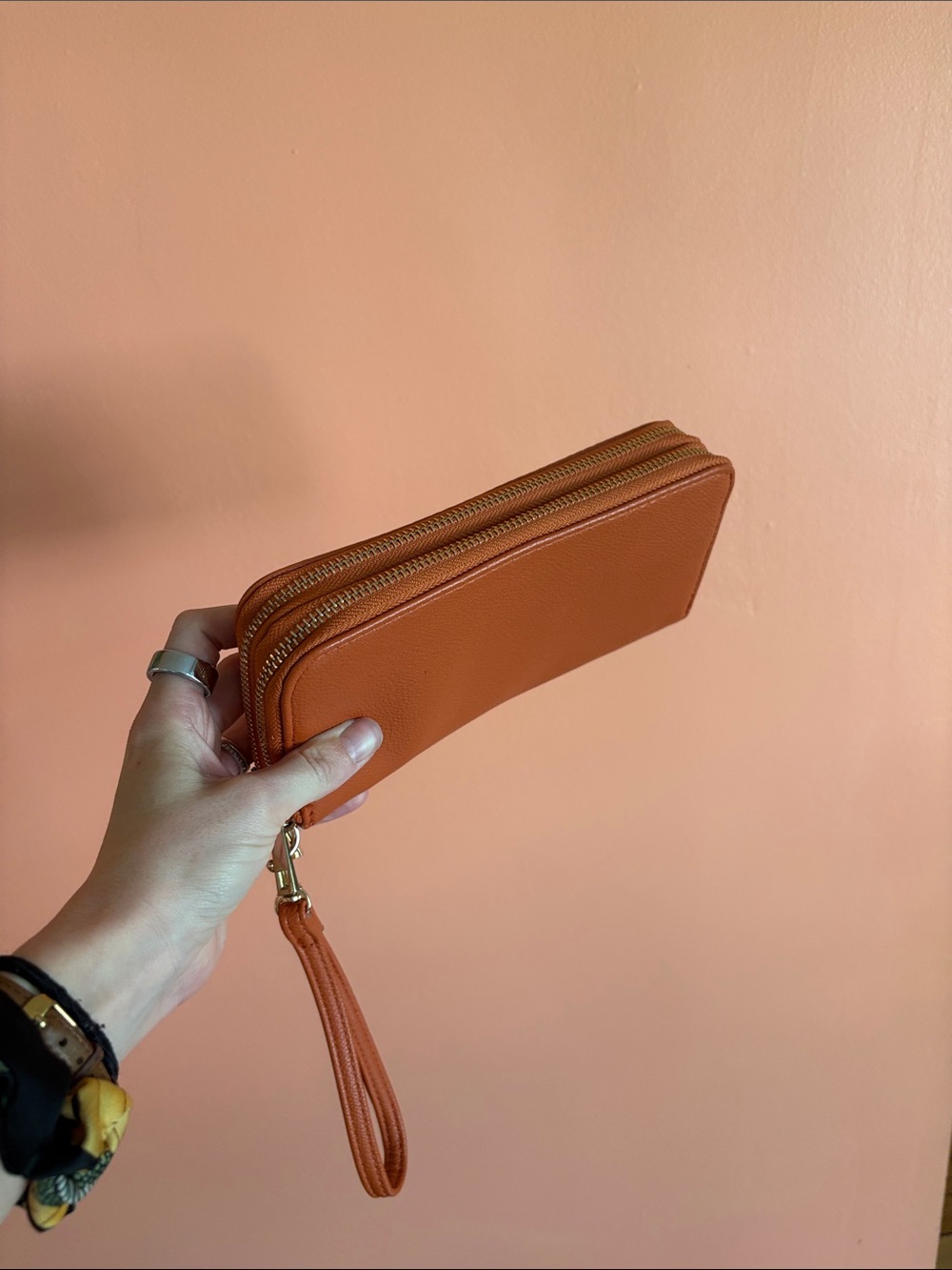 Never used: Double-Zip Wristlet Wallet in Cognac Orange